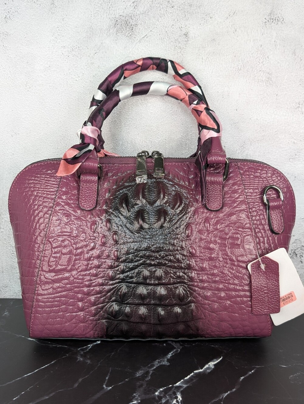 Plum Croc-Embossed Leather Satchel Bag with Scarf-Wrapped Handles